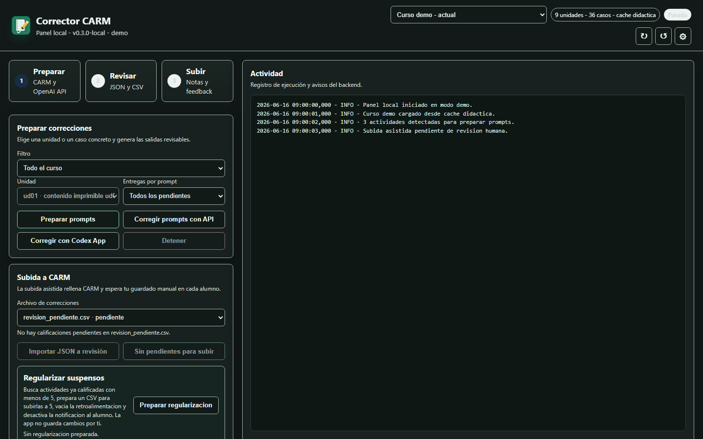 Corrector CARM local application dashboard with demo data