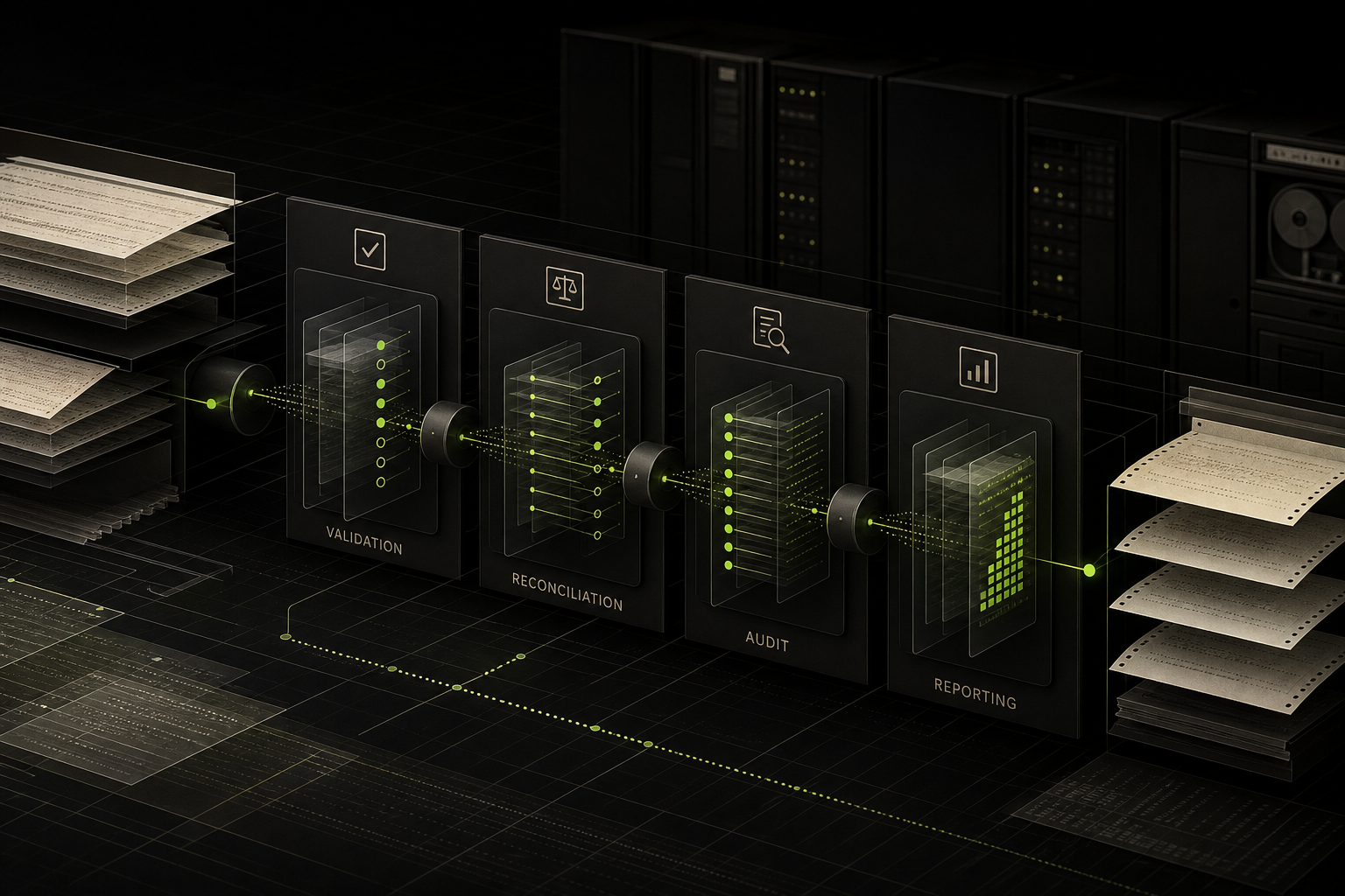 Editorial illustration of the LedgerGuard validation, reconciliation, audit, and reporting batch flow