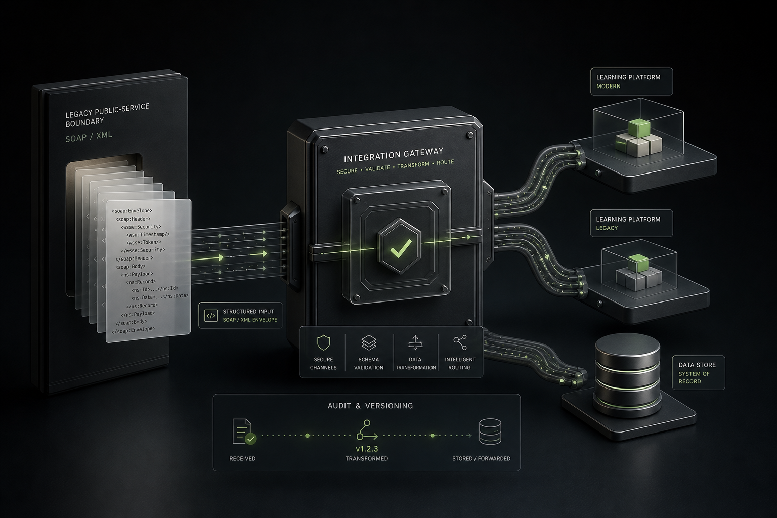 Editorial illustration of a secure SOAP and XML integration gateway connected to modern and legacy learning platforms