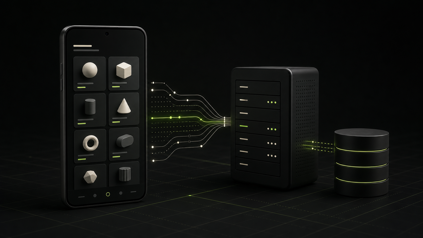 Editorial visualization of an Android commerce client connected to a backend API and database